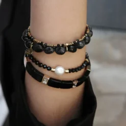 Enamel Tiles Crystal Line armband emalj svart/guld/kristall