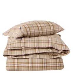 Påslakanset 150x210 cm bomullsflanell rutigt fudge/beige/fig