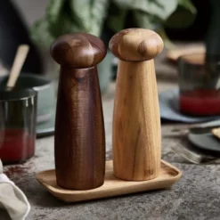 Raw Teak Keramisk Kvarnset med Bricka 3 delar Blandat Teak