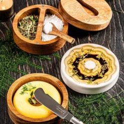 Serveringsset för olja/smör/kryddor 3 delar vit/akaciaträ