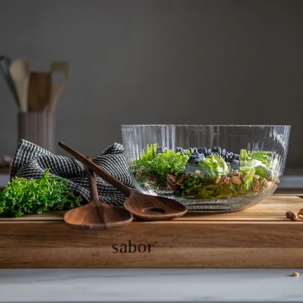 Timeless skål med salladsbestick 3 L klar/valnöt